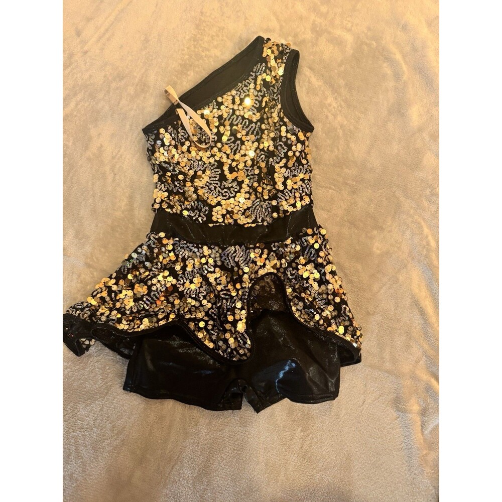 Curtain Call Dancewear Dance Costume Black Sequined Jazz Tap Girls Sz L CLA